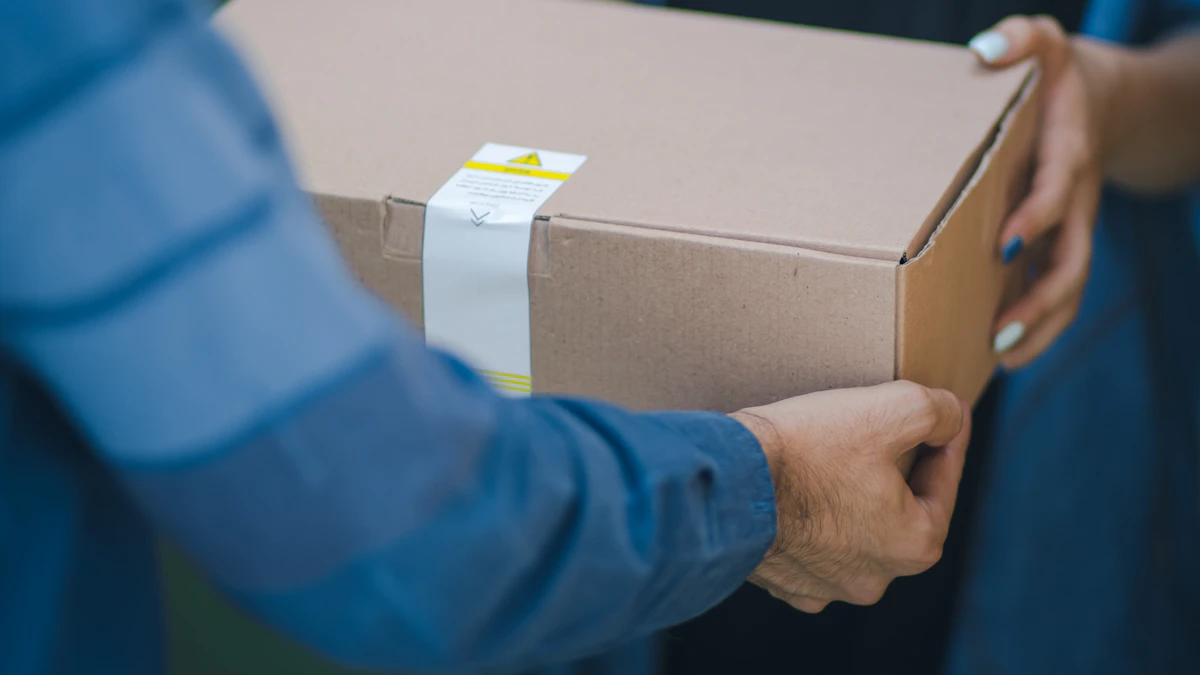 A delivery worker hands a sealed cardboard package to a customer